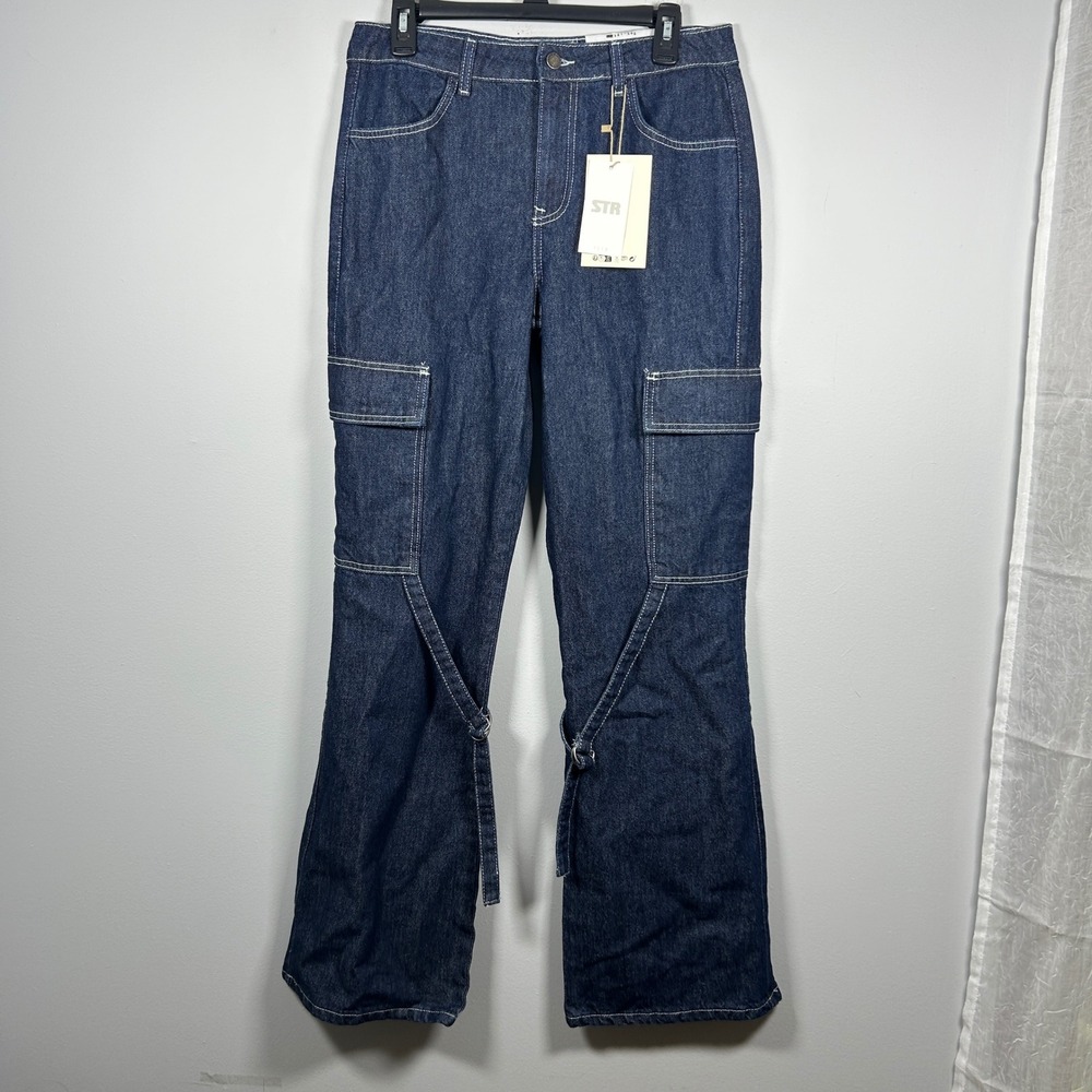 Stradivarius Cargo Jeans Women EU 38 US 6 Blue STR Teen Streetwear Y2K Grunge